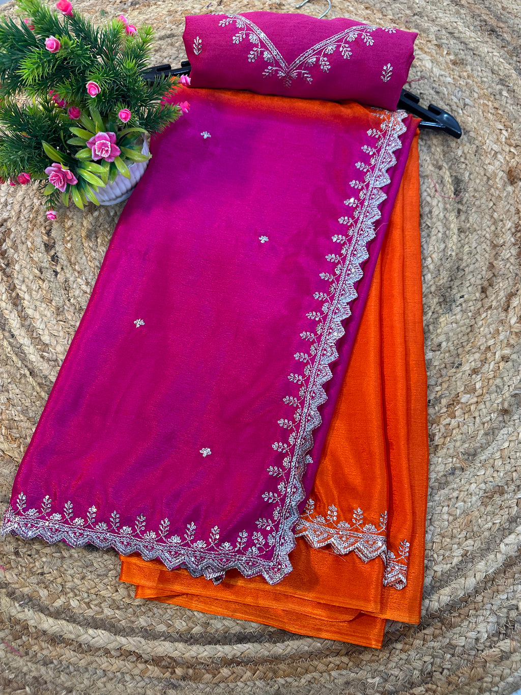 Chinon Embroidered Saree with Shaded Solid Color Design