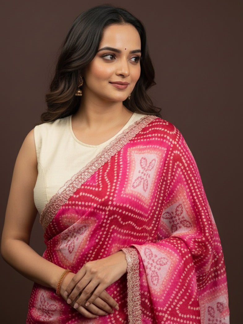 Bandhani Printed Chiffon Saree with Embroidered Border