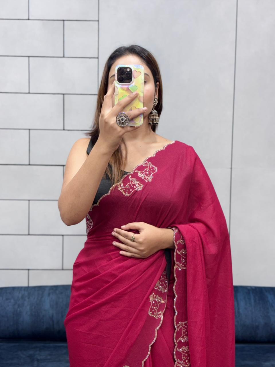Shimmering Two-Tone Chiffon Saree with Exquisite Diamond Cut Work