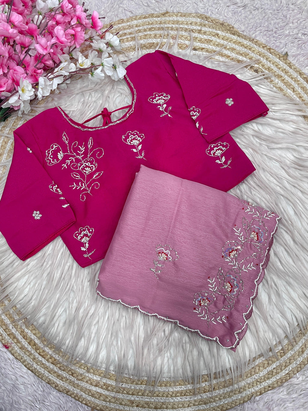 Chiffon Saree with Khatli Handwork & Stiched Blouse