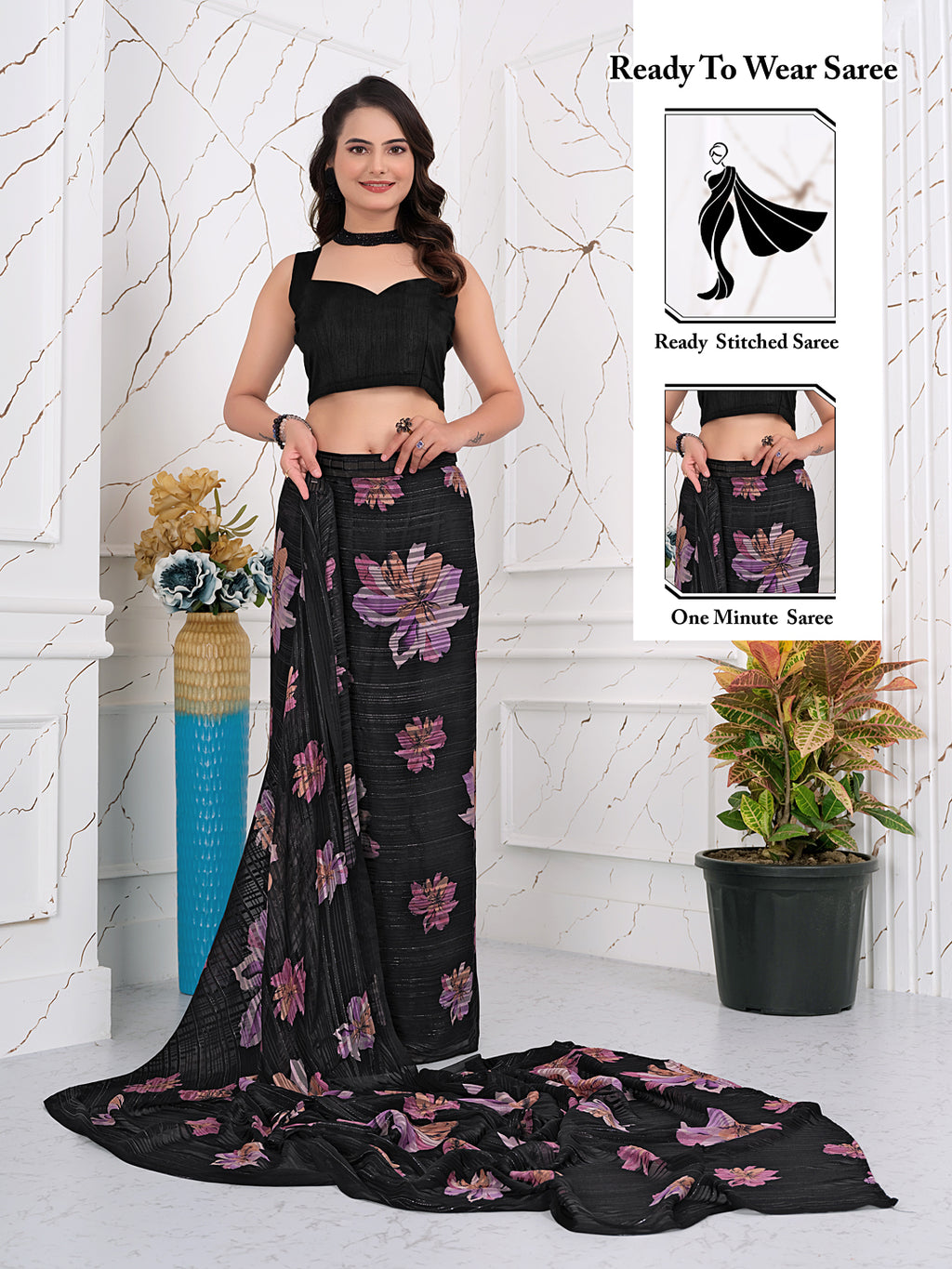 Ready-to-Wear Chiffon Saree with Zari Lines for Party Look