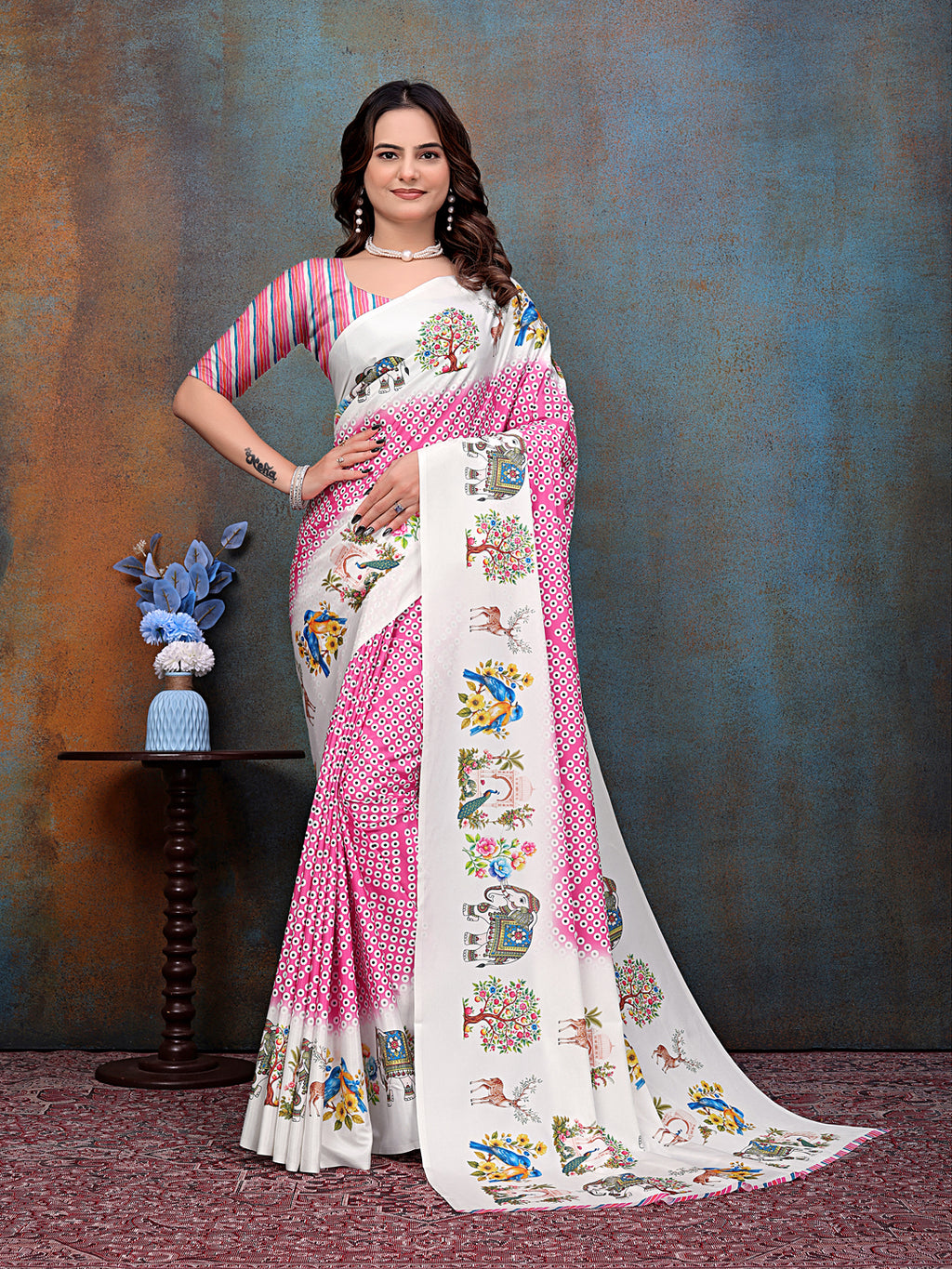 Pink White Printed Crepe Silk Saree for Women