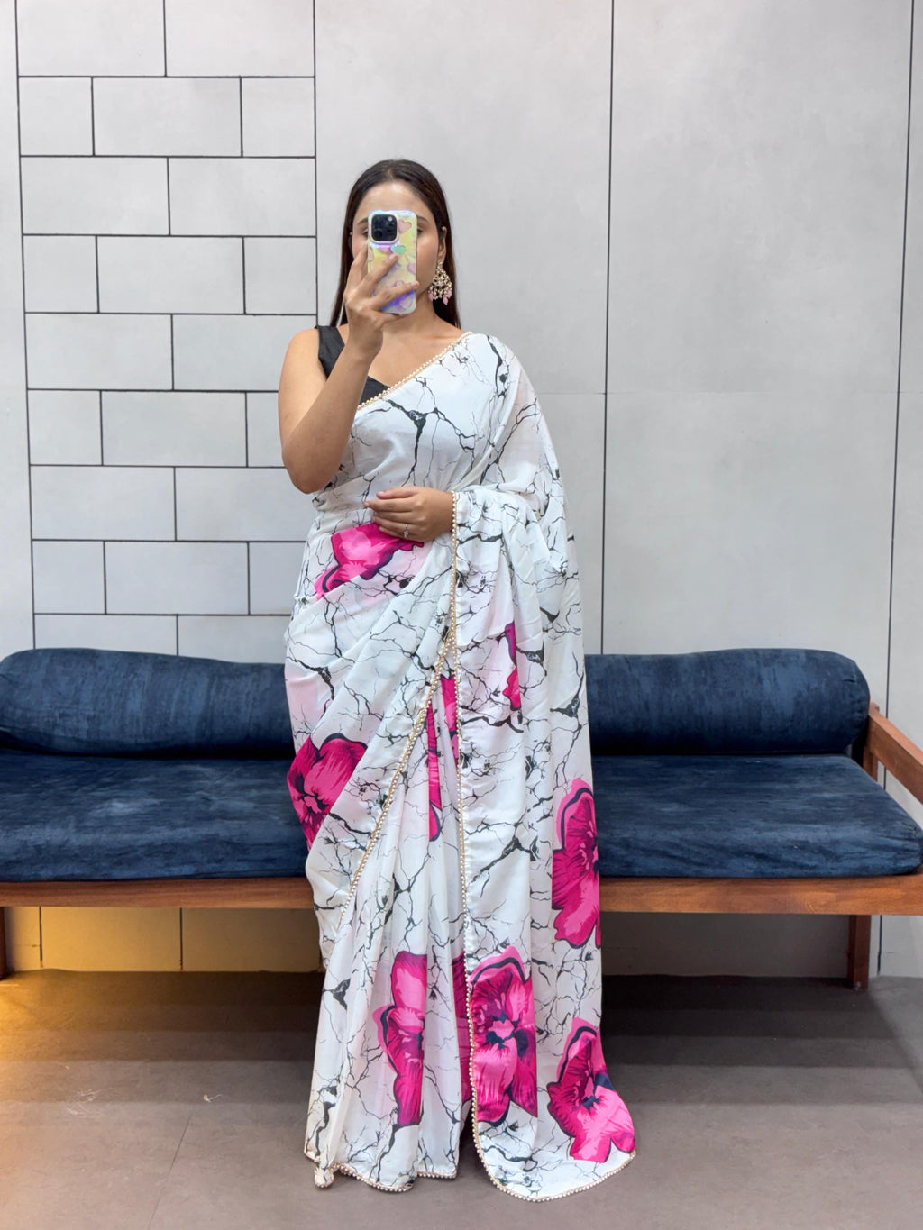 Elegant Floral Shibori Print Saree with Pearl Moti Lace and Black Satin Blouse