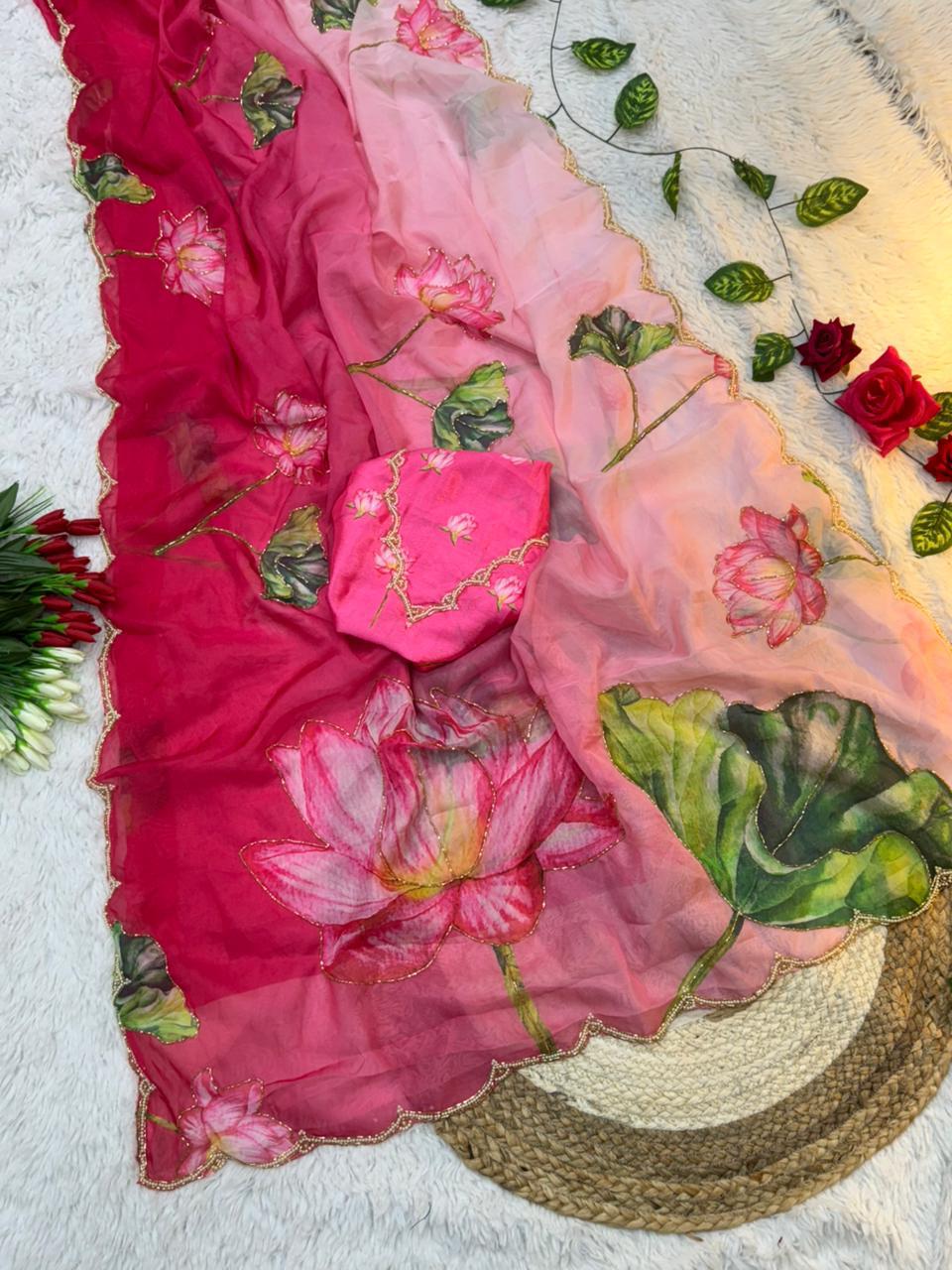 Celebrity Style Tabi Organza Saree with Padded Florals and Cut Dana Hand Work