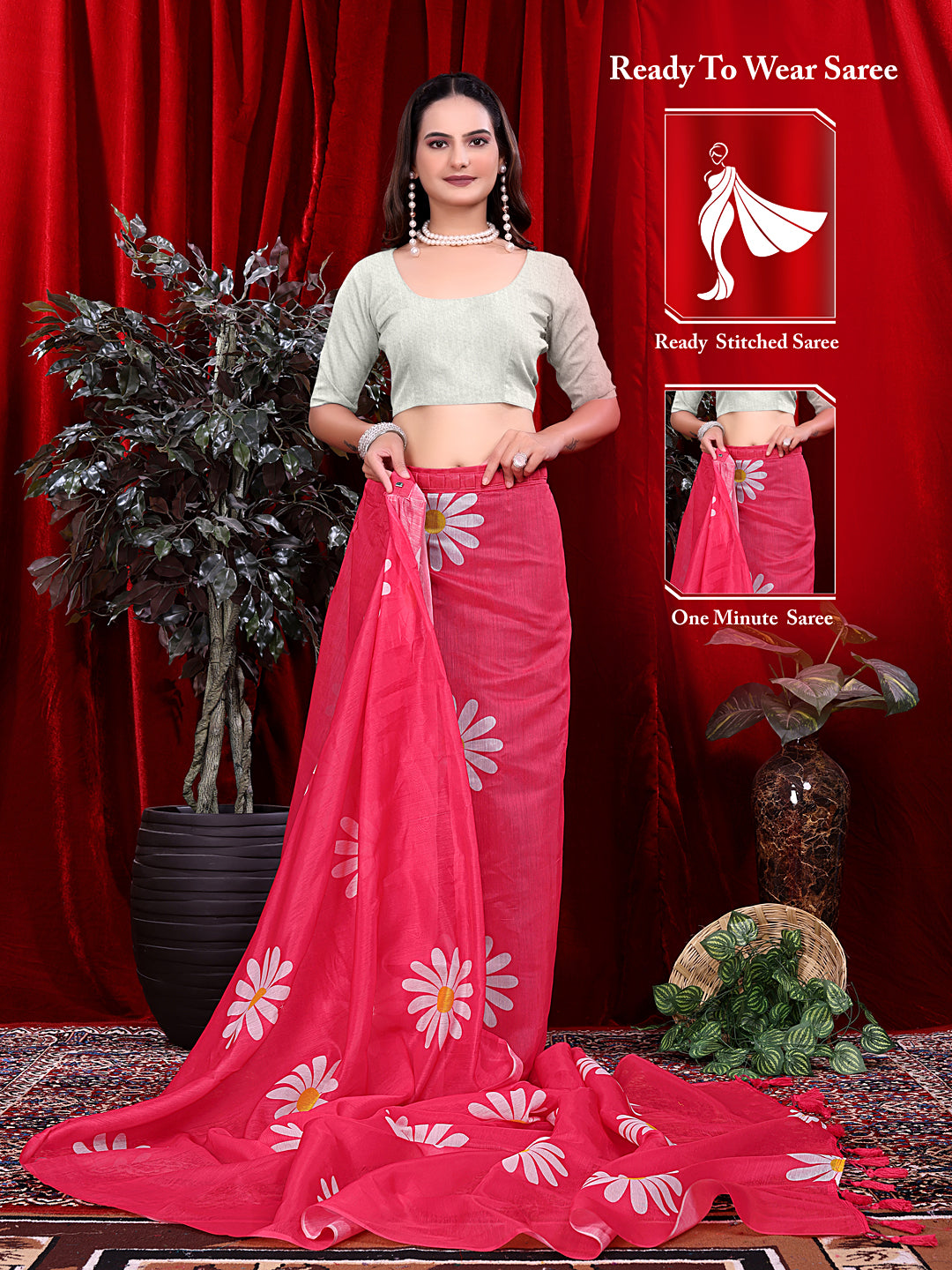 Ready To Wear Floral Print Handloom Pure Linen Saree