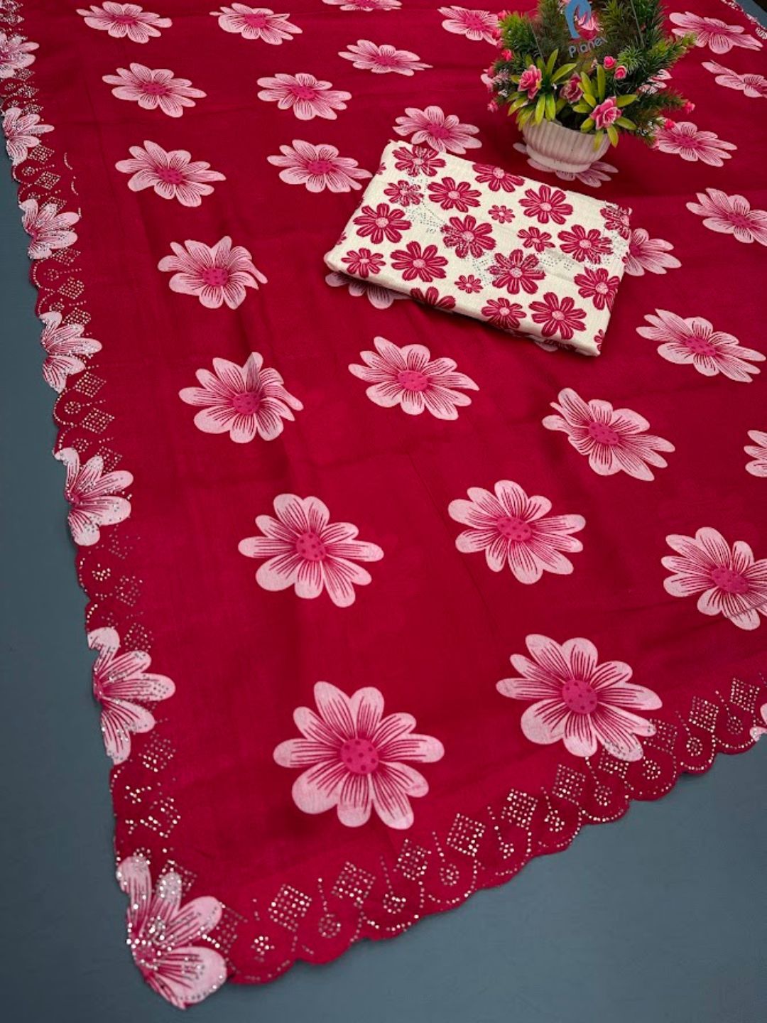 Chinon Floral Print Saree with Siroski Diamond Border & Printed Blouse Piece