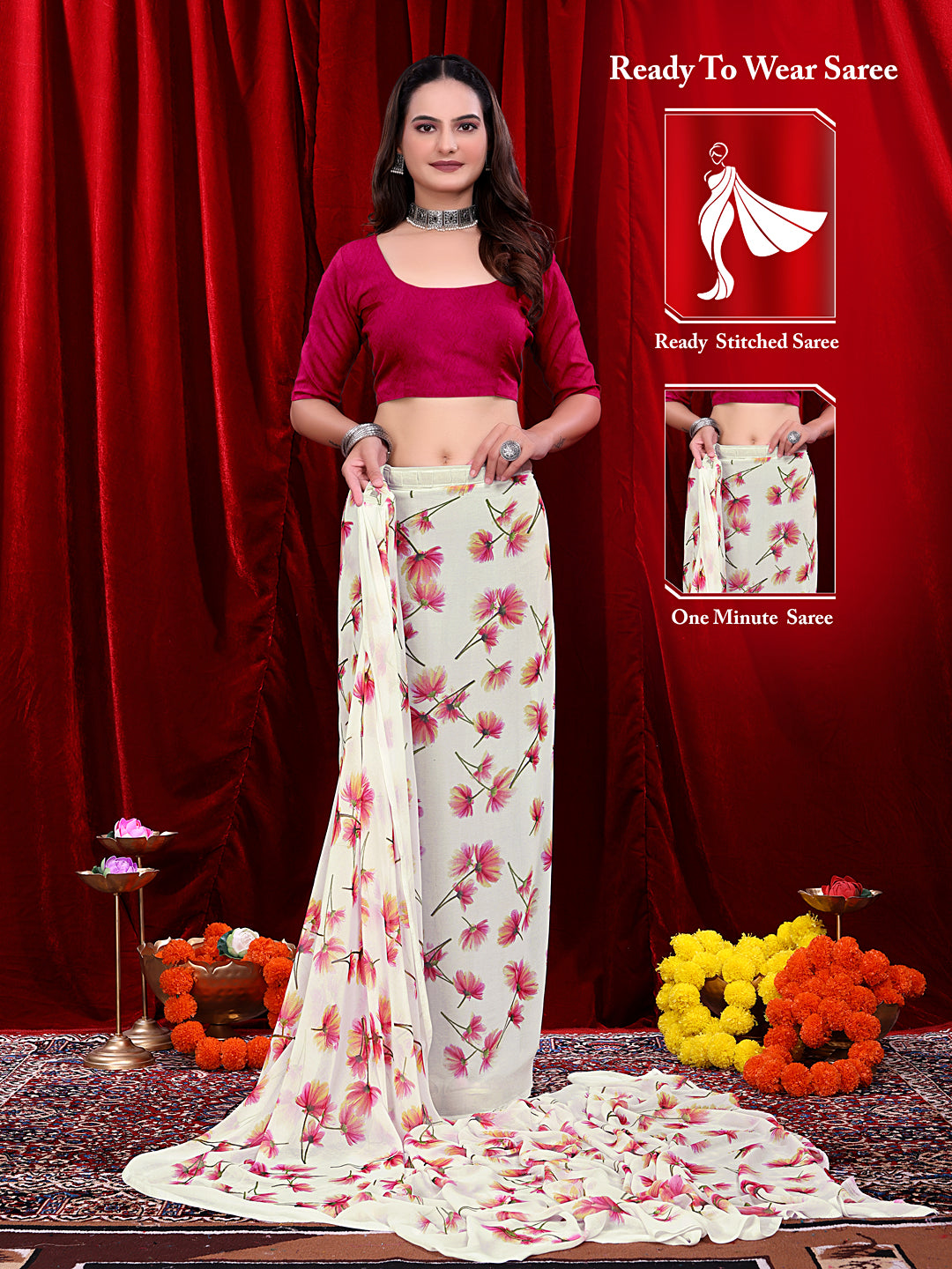 Women's Ready-to-wear Floral Printed Georgette Saree