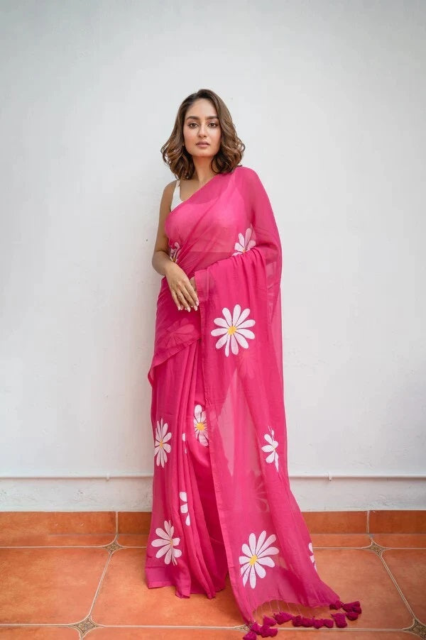Ready To Wear Floral Print Handloom Pure Linen Saree