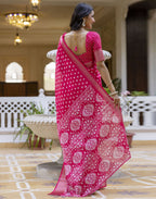 Ready-to-Wear Dola Silk Bandhani Saree with Zari Woven Chevron Border & Designer Pallu
