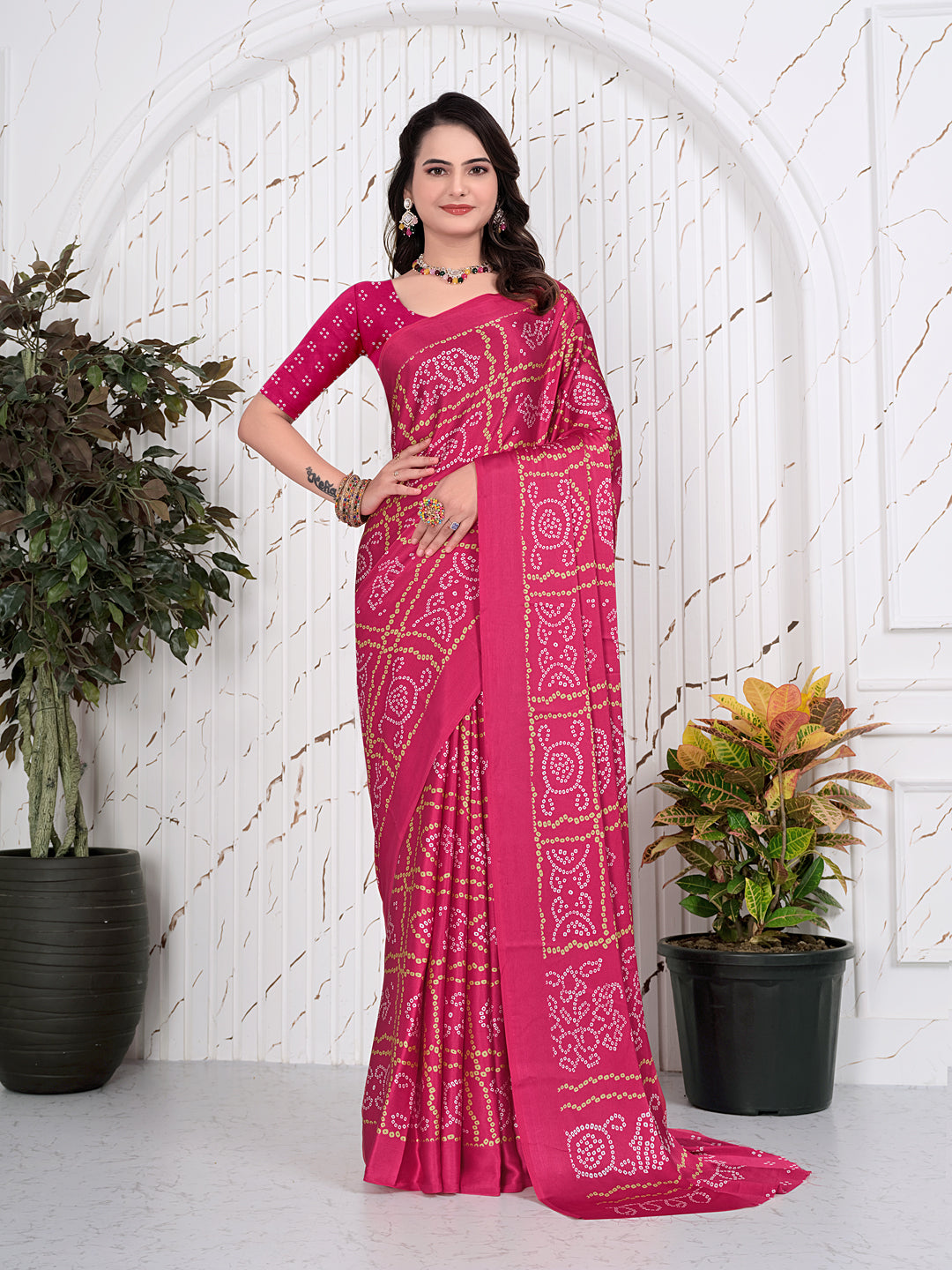Bandhani Printed Satin Silk Saree for Party Look