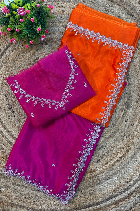 Chinon Embroidered Saree with Shaded Solid Color Design