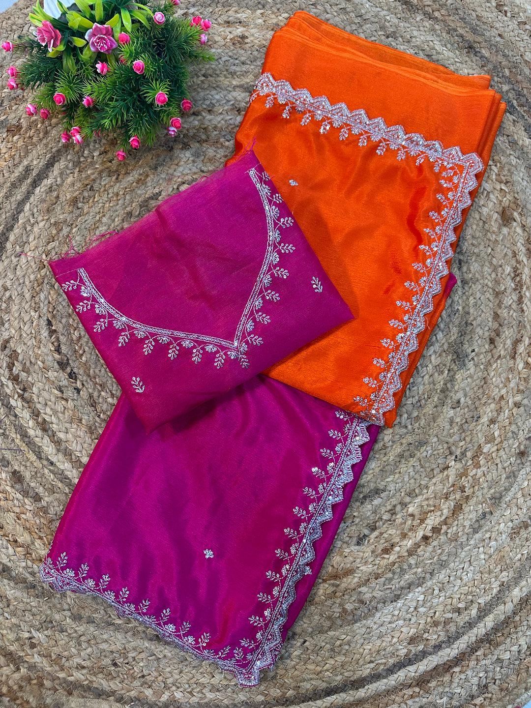 Chinon Embroidered Saree with Shaded Solid Color Design