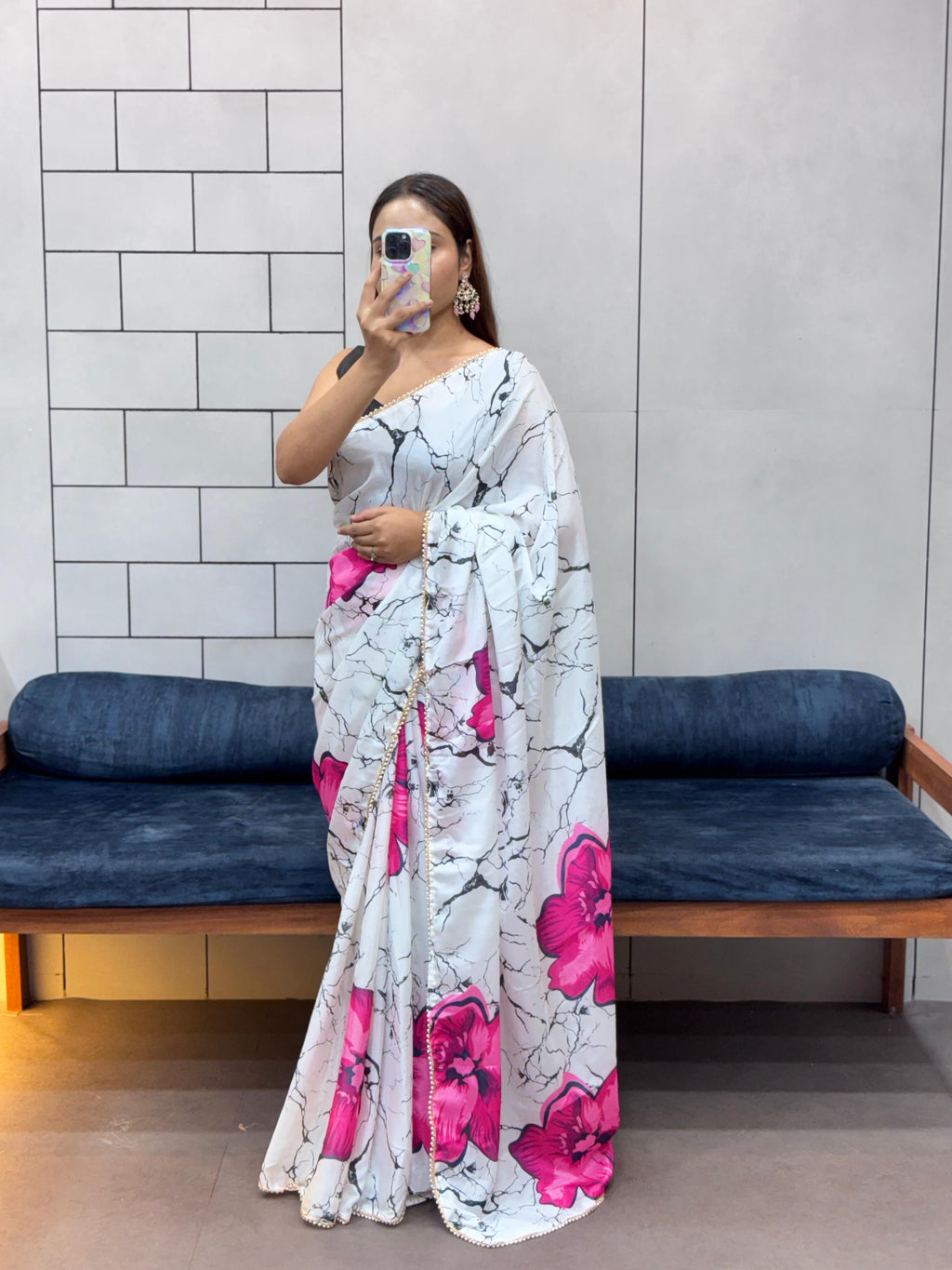 Elegant Floral Shibori Print Saree with Pearl Moti Lace and Black Satin Blouse