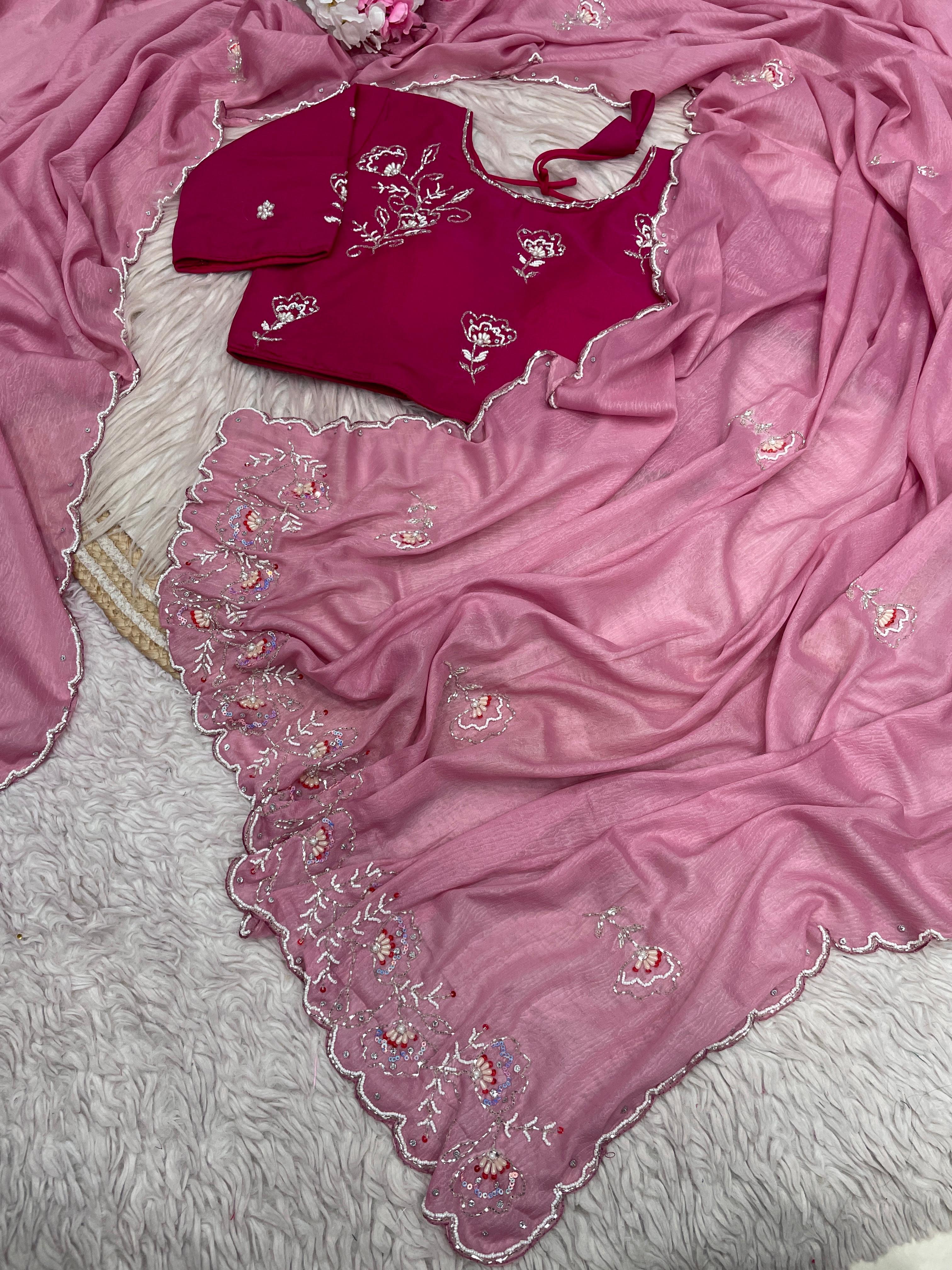 Chiffon Saree with Khatli Handwork & Stiched Blouse