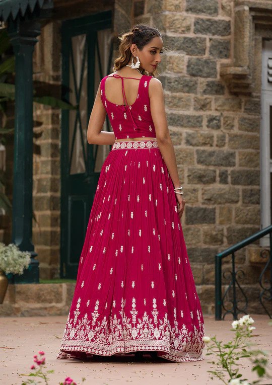 Georgette Semi-Stitched Lehenga with Thread Work & Embroidered Dupatta Set