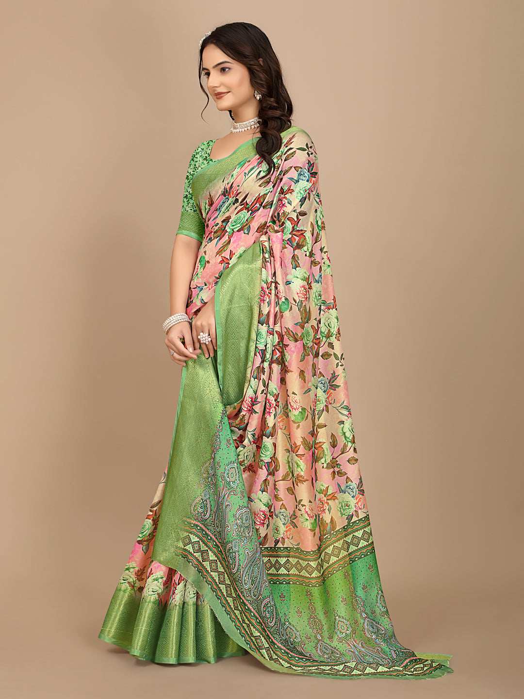 Moss Chiffon Digital Print With Jacquard Border Saree