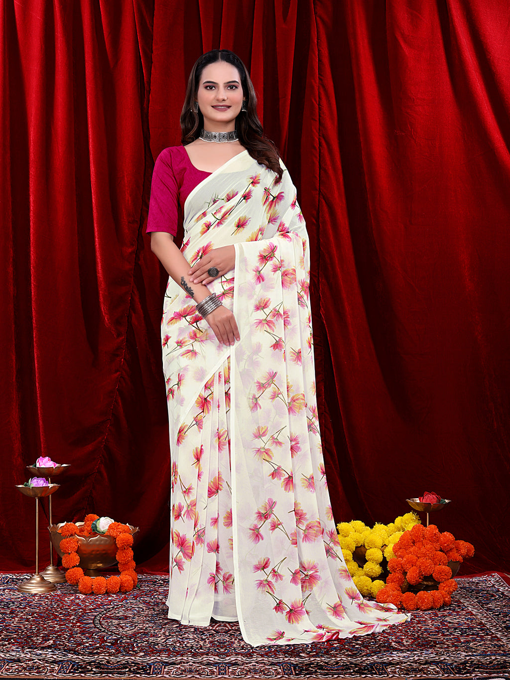 Women's Ready-to-wear Floral Printed Georgette Saree