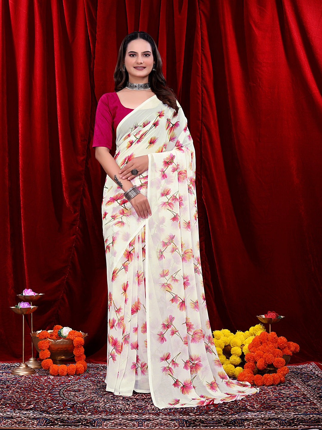 Women's Ready-to-wear Floral Printed Georgette Saree