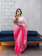 Celebrity Style Tabi Organza Saree with Padded Florals and Cut Dana Hand Work