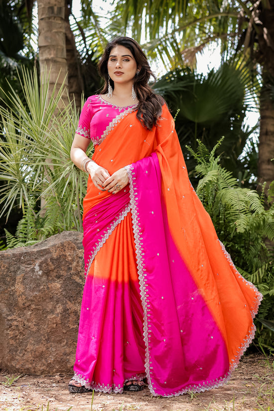 Chinon Embroidered Saree with Shaded Solid Color Design