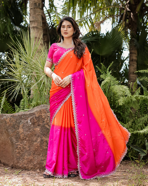 Chinon Embroidered Saree with Shaded Solid Color Design - Pionex Fab