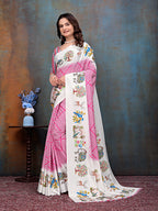 Pink White Printed Crepe Silk Saree for Women