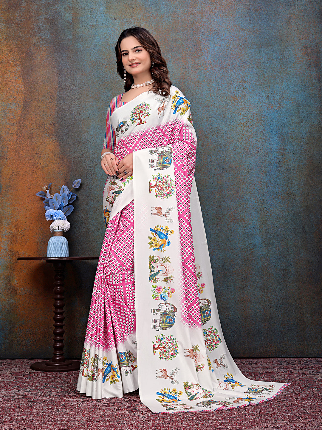 Pink White Printed Crepe Silk Saree for Women