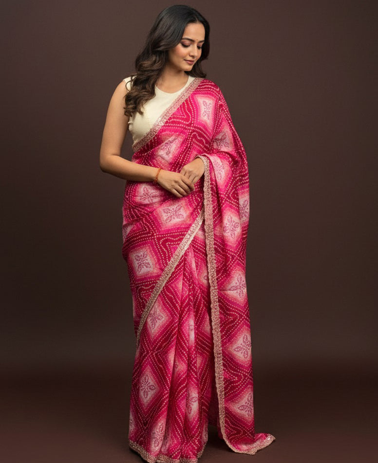 Bandhani Printed Chiffon Saree with Embroidered Border
