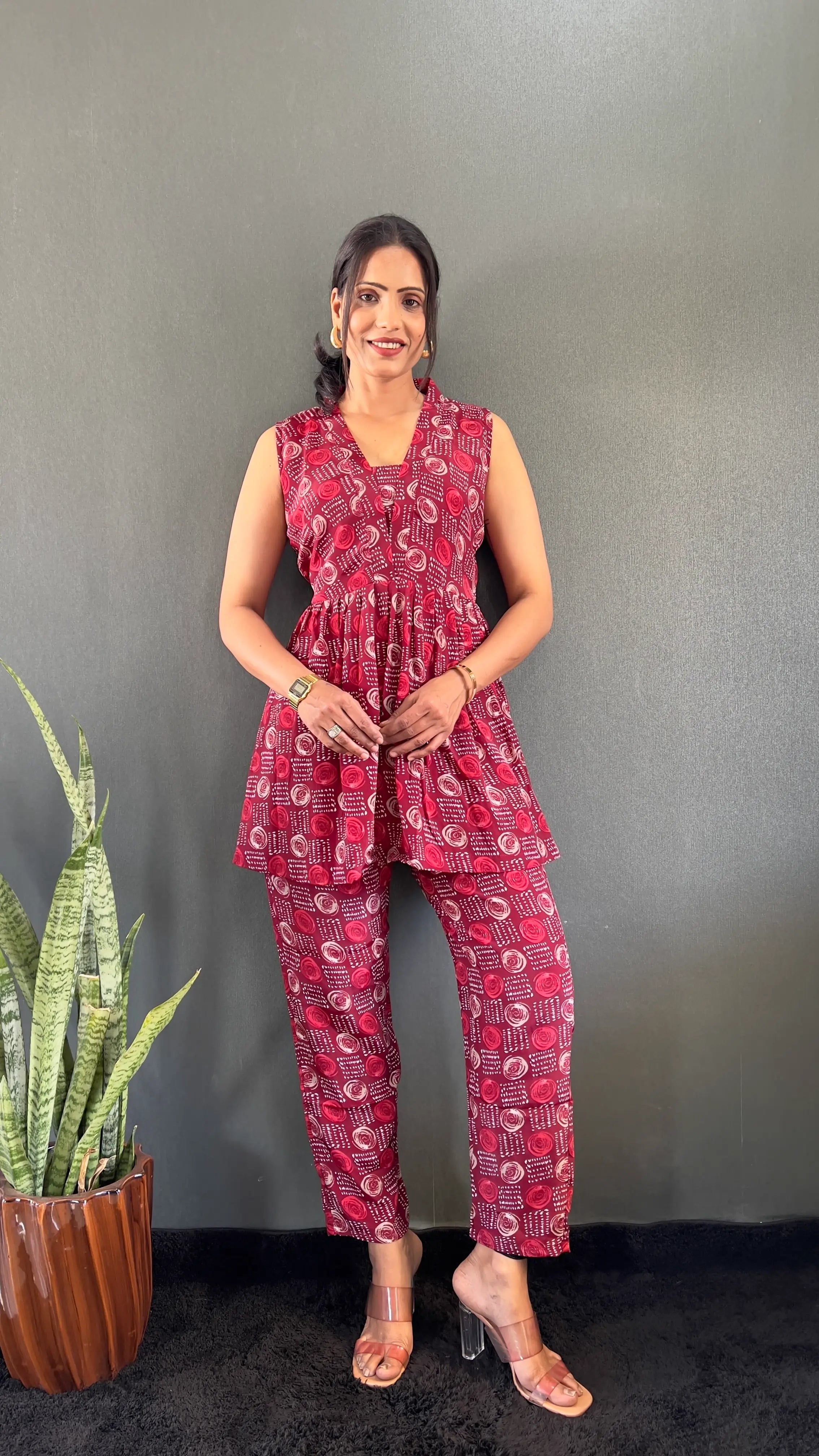 Printed V-Neck Co Ord Sets For Office Wear