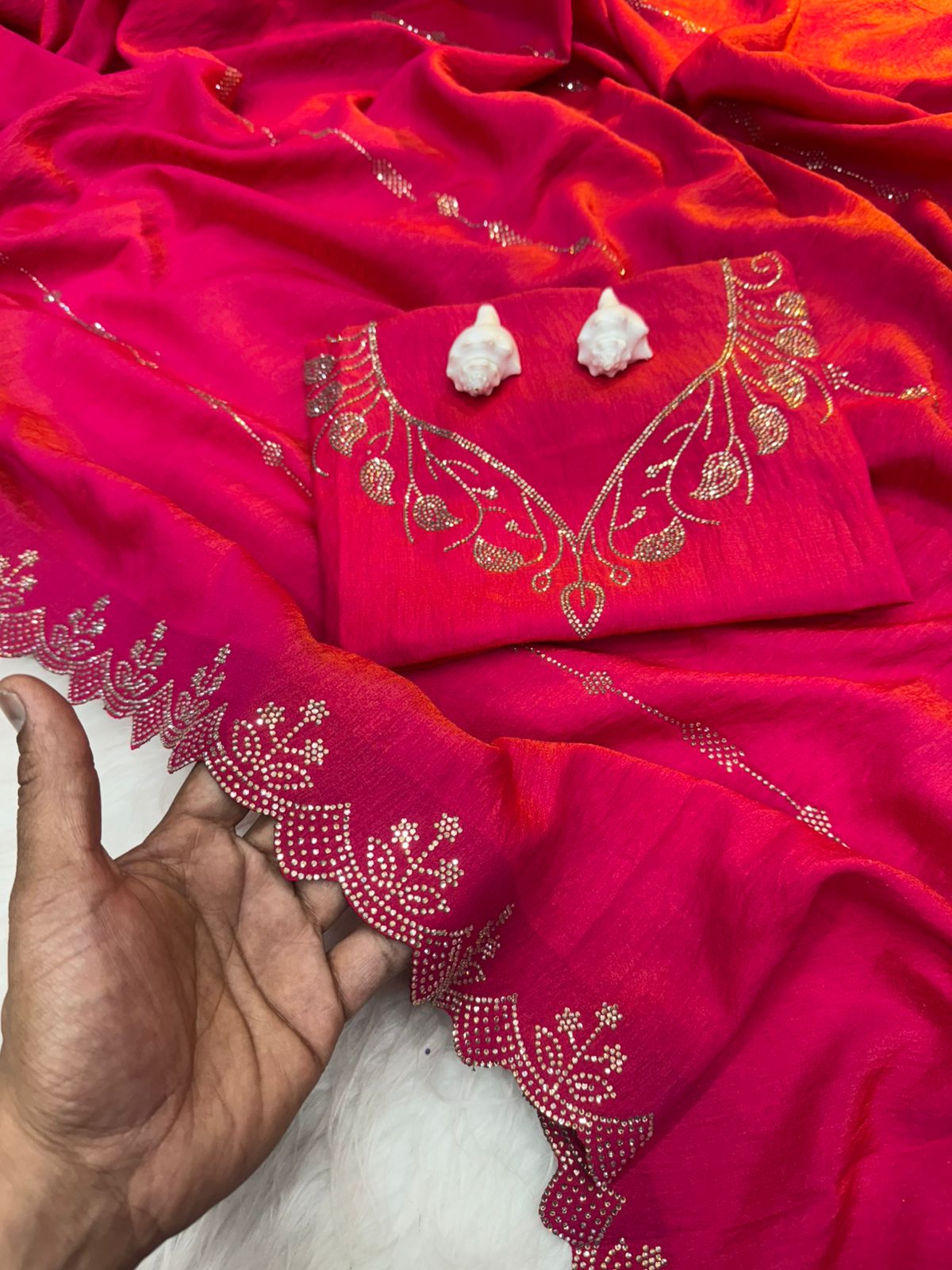 Two-Tone Chocolate Saree with Diamond Panel Handwork and All-Over Cutwork
