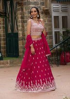Georgette Semi-Stitched Lehenga with Thread Work & Embroidered Dupatta Set