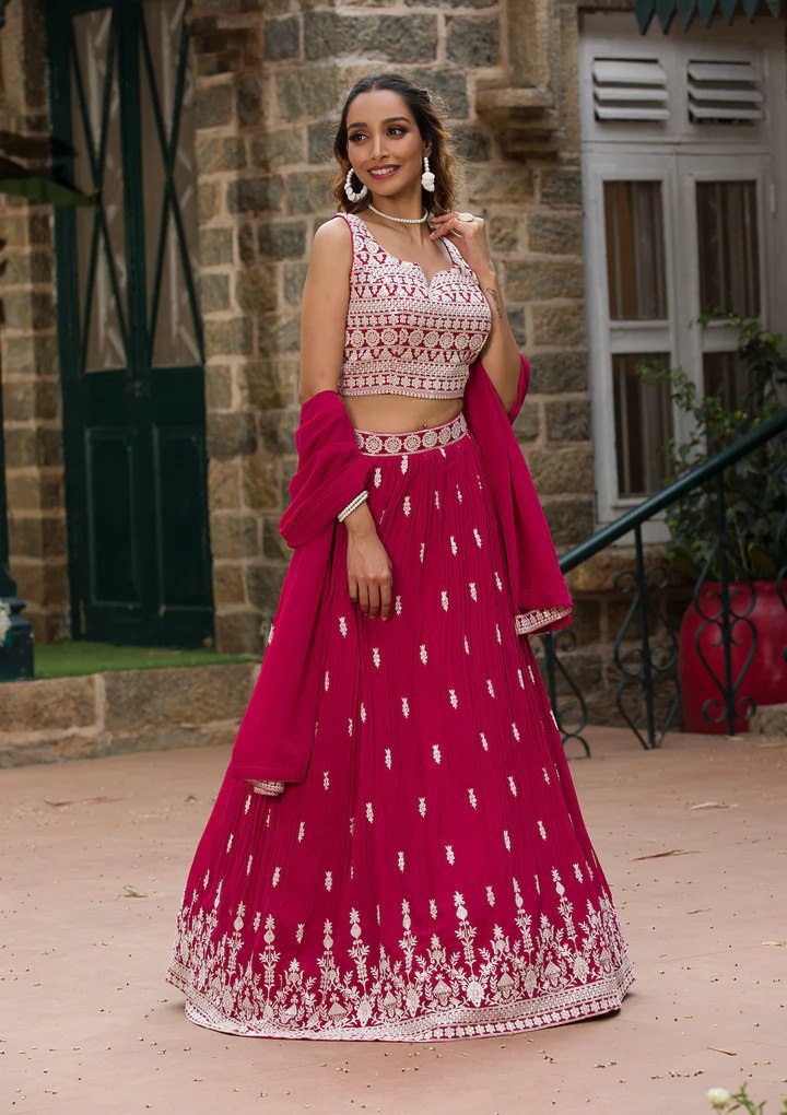 Georgette Semi-Stitched Lehenga with Thread Work & Embroidered Dupatta Set