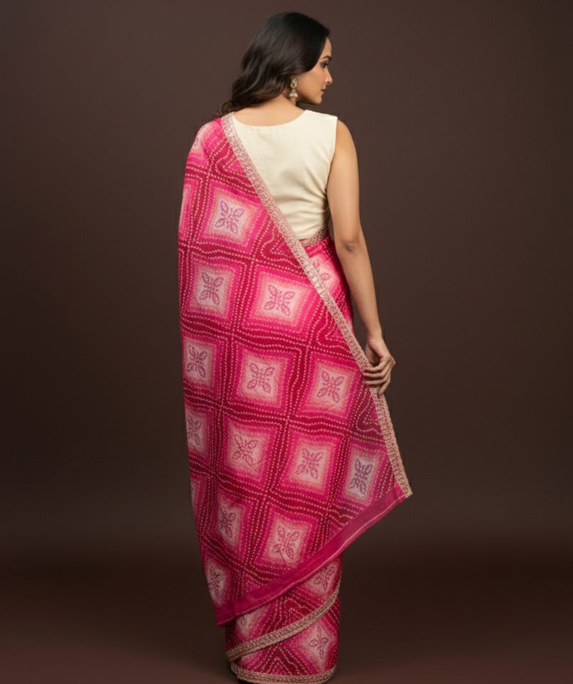 Bandhani Printed Chiffon Saree with Embroidered Border