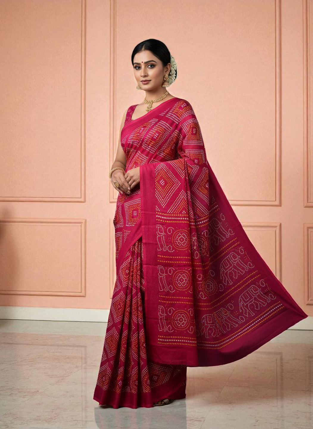 Elegant Satin Bandhni Printed Party wear Saree