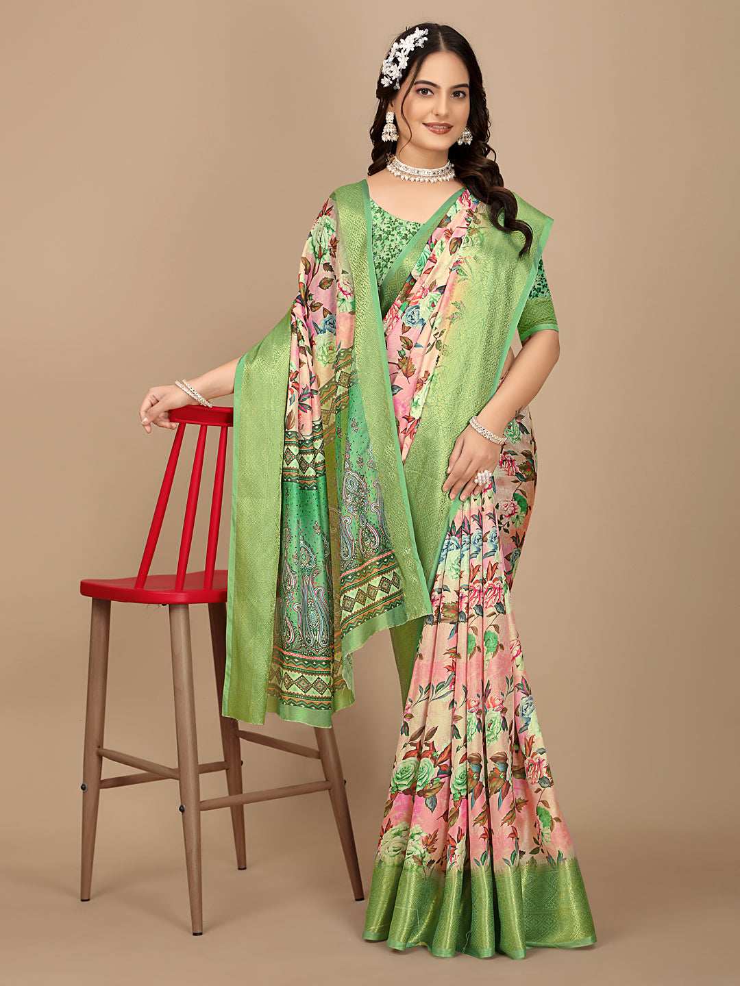 Moss Chiffon Digital Print With Jacquard Border Saree