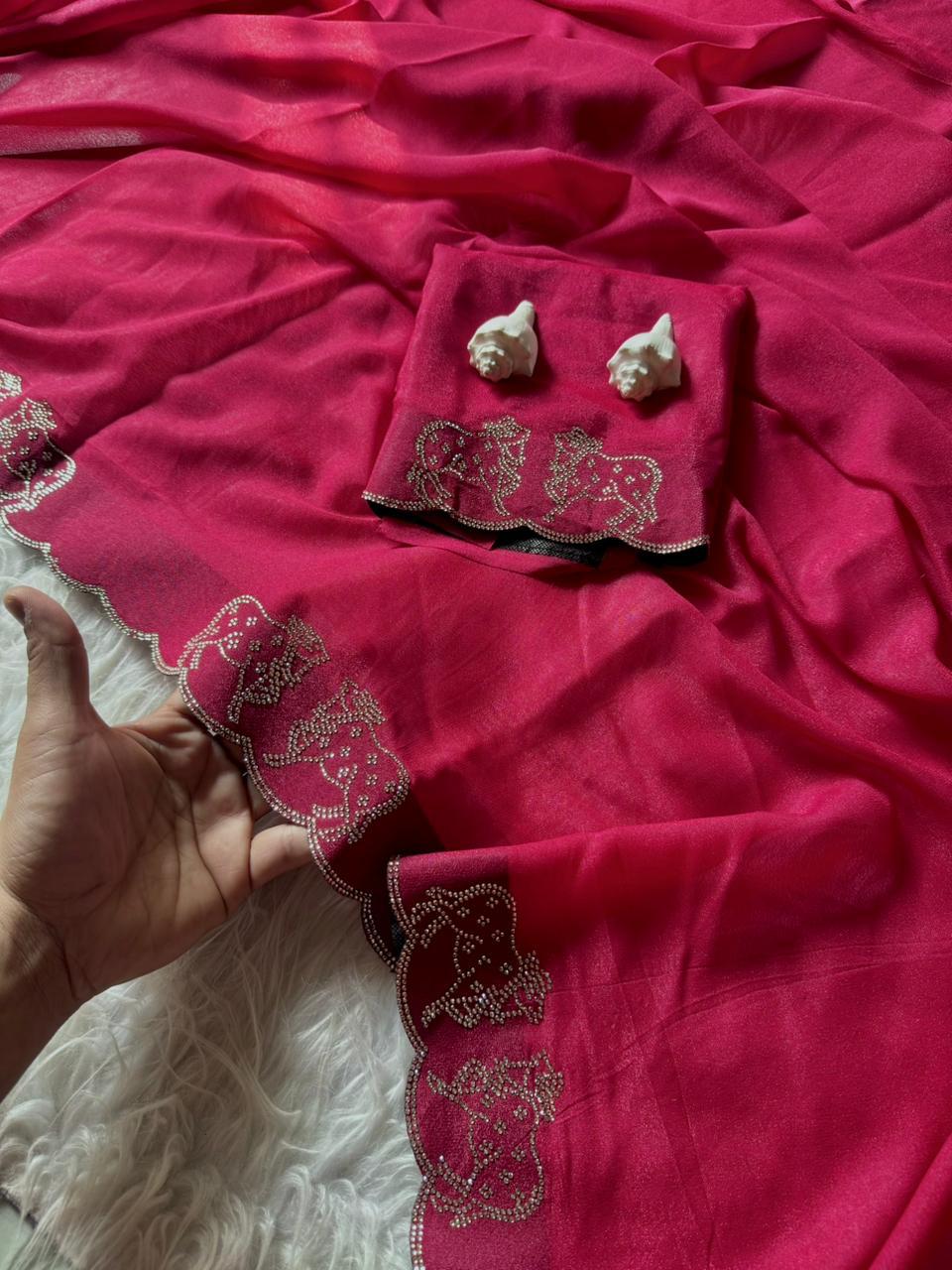 Shimmering Two-Tone Chiffon Saree with Exquisite Diamond Cut Work