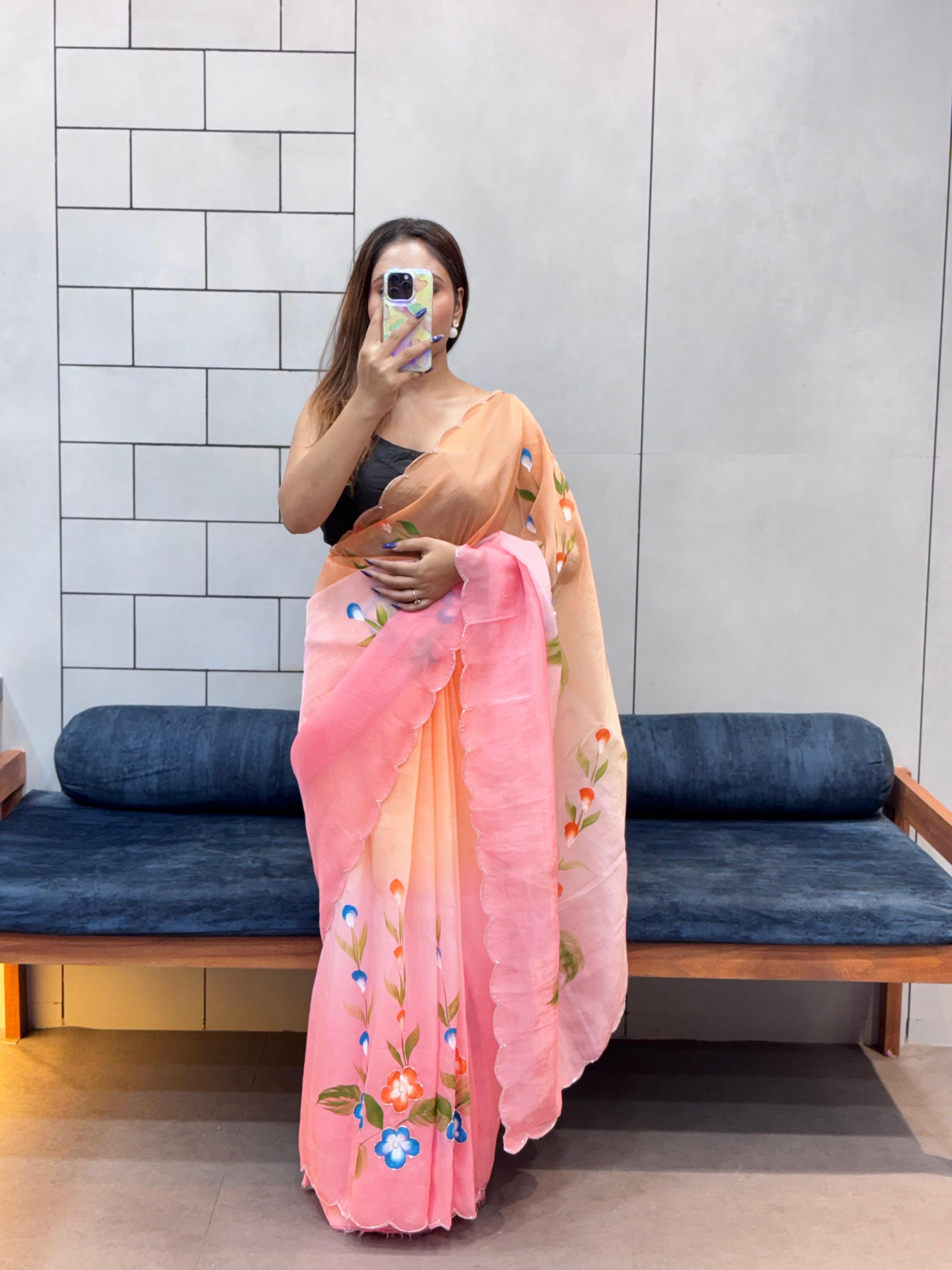 Exquisite Handpainted Crush Saree with Cut Dana Handwork & Designer Blouse