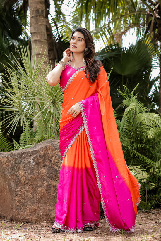 Chinon Embroidered Saree with Shaded Solid Color Design