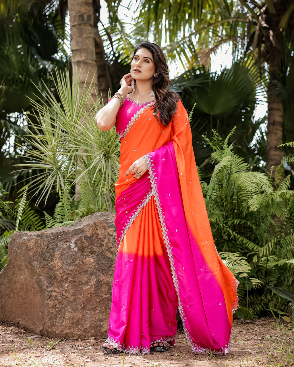 Chinon Embroidered Saree with Shaded Solid Color Design