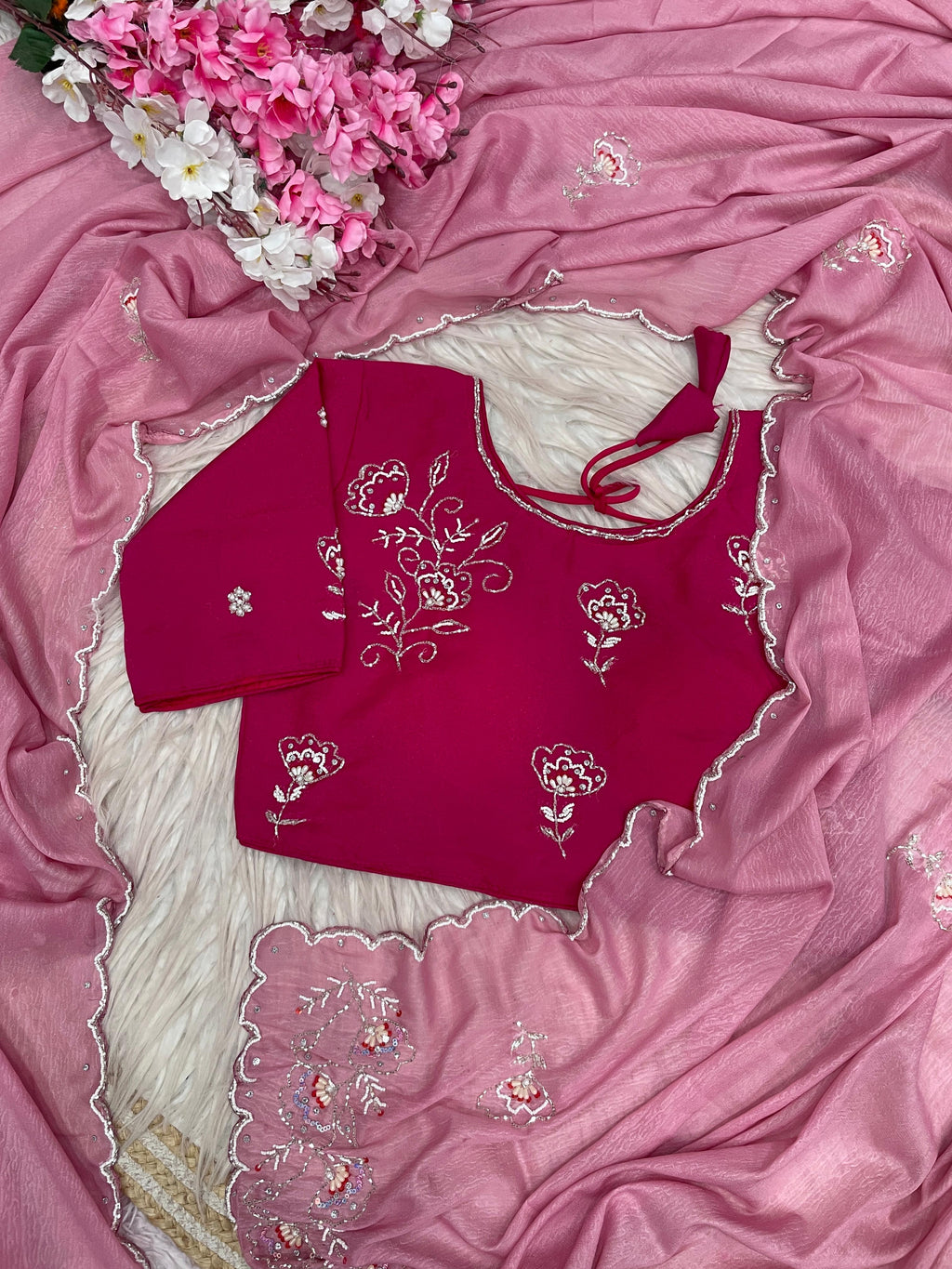 Chiffon Saree with Khatli Handwork & Stiched Blouse
