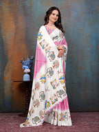 Pink White Printed Crepe Silk Saree for Women