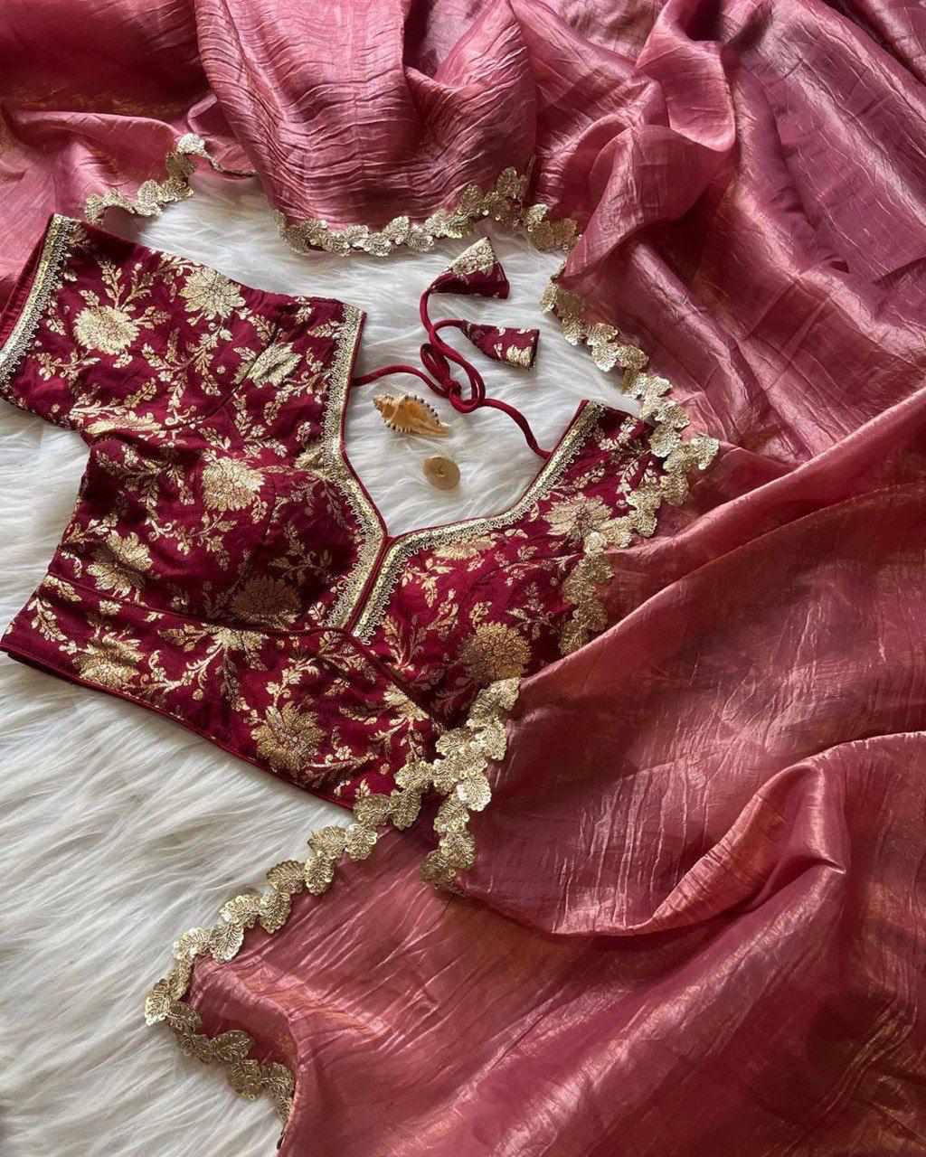 Glamorous Party Wear Crushed Tissue Saree with Sequin Embroidery & Zari Blouse