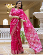 Ready-to-Wear Dola Silk Bandhani Saree with Zari Woven Chevron Border & Designer Pallu