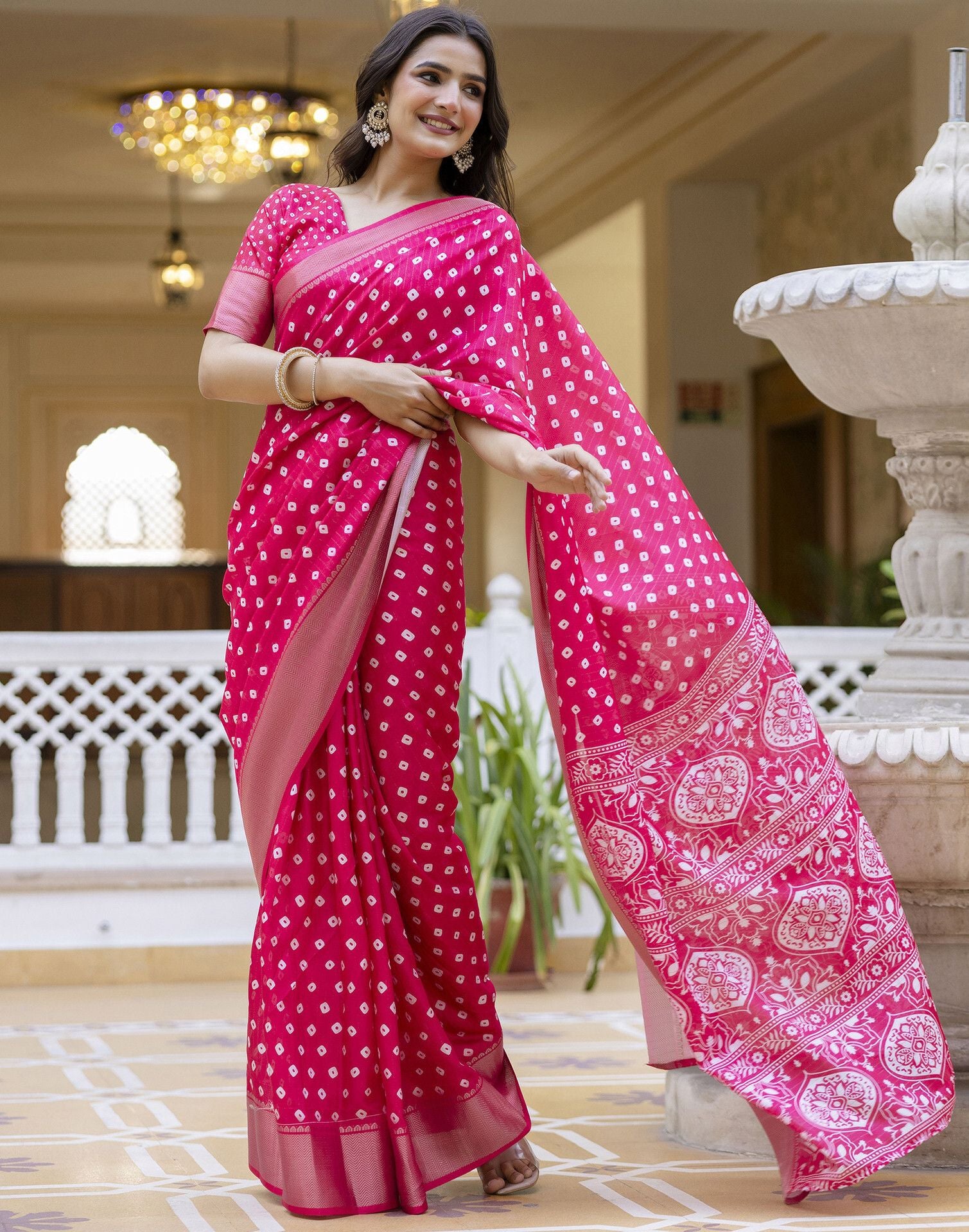 Ready-to-Wear Dola Silk Bandhani Saree with Zari Woven Chevron Border & Designer Pallu