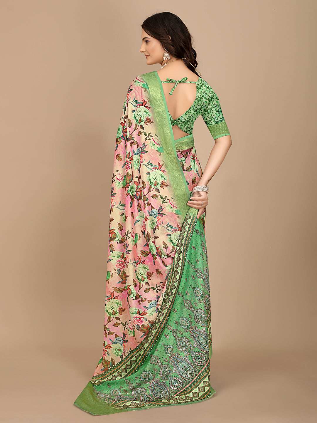 Moss Chiffon Digital Print With Jacquard Border Saree