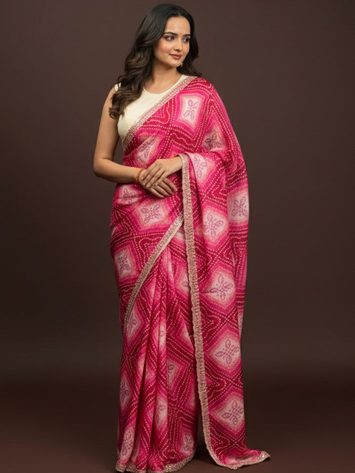 Bandhani Printed Chiffon Saree with Embroidered Border