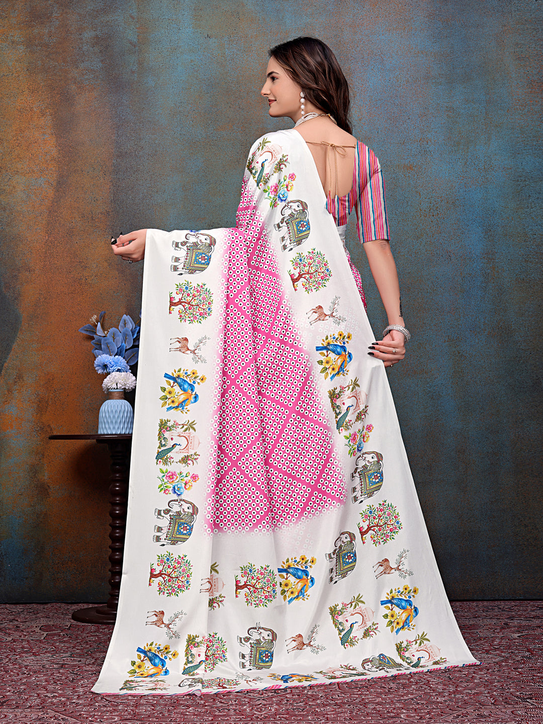 Pink White Printed Crepe Silk Saree for Women