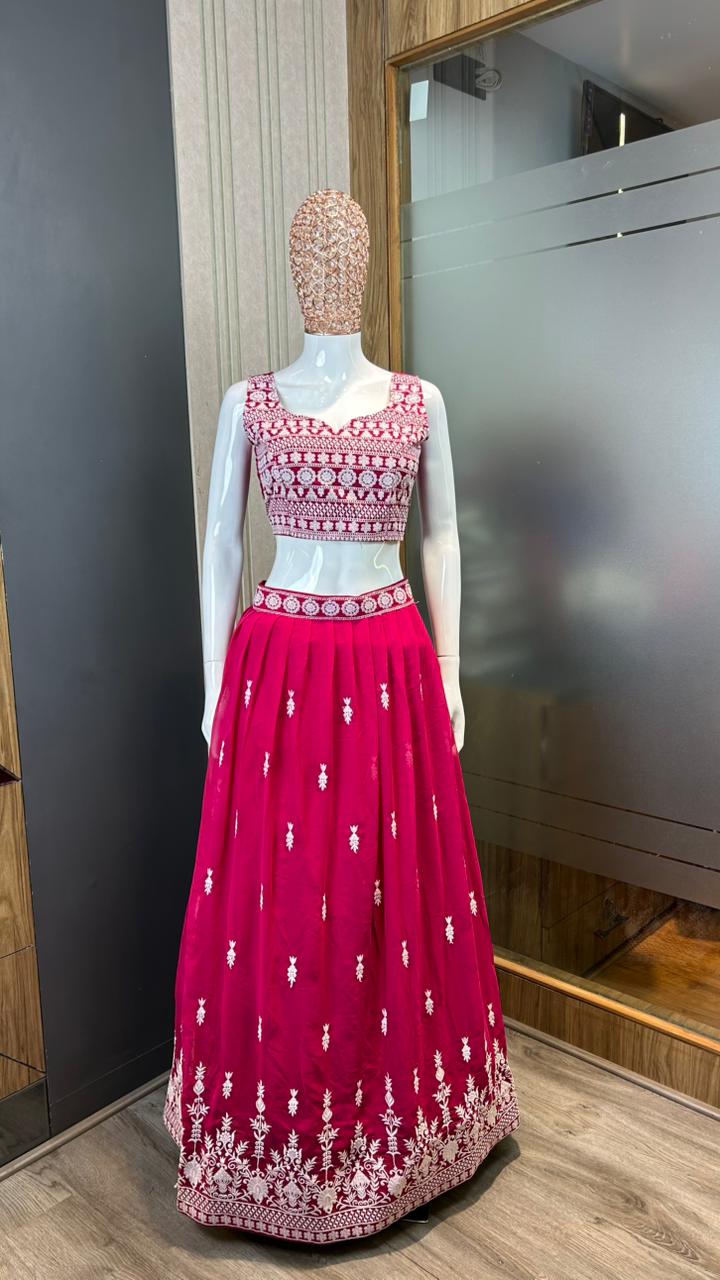 Georgette Semi-Stitched Lehenga with Thread Work & Embroidered Dupatta Set