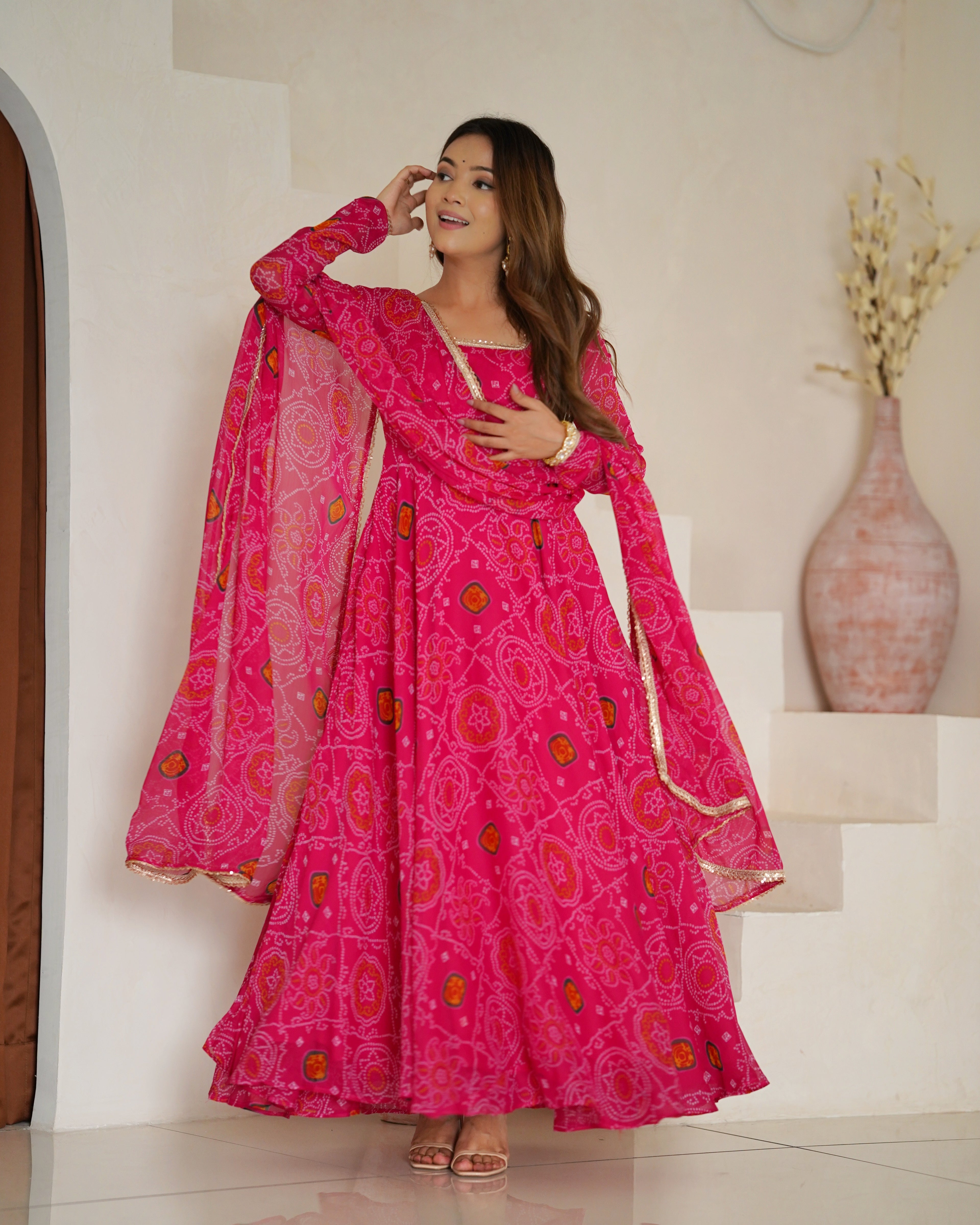 Women Bandhej Printed Chiffon Anarkali Kurta with Dupatta Set
