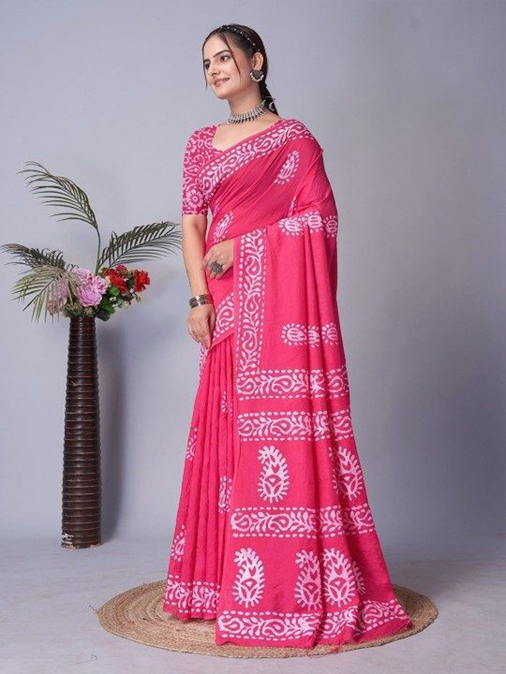 Ready to wear mulmul cotton printed saree – pink, view 2